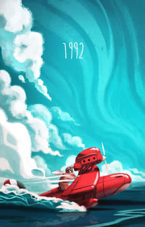 紅色水上飛機在雲層和1992年上方飛越海洋 — Galaxy Tab S10 FE 壁紙