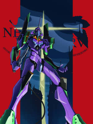紫色和綠色的 Evangelion 機甲，在夜晚的黑暗城市中，以紅色背景站立。 — 艾莉塔：戰鬥天使 壁紙
