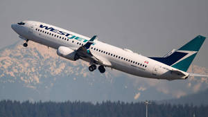 西捷航空飛機以山脈和森林為背景起飛。 — 雪山 壁紙