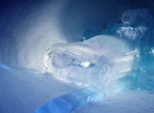在雪洞中以藍光照亮的汽車冰雕。 — 冰龍 壁紙