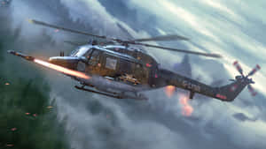 軍用直升機在暴風雨中向霧氣瀰漫的森林上空發射飛彈。 — 天空 壁紙