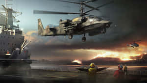 軍用直升機在黃昏時分的熾熱海岸戰鬥中降落在航空母艦上。 — 直升機 壁紙
