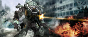 未來機甲在爆炸性戰場場景中發射武器。 — 2560x1080 壁紙
