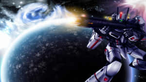 銀色和紅色的機甲在藍色行星附近的太空中發射光束武器。 — 機器人 壁紙