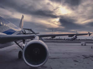 黃昏時停機坪上飛機引擎近距離特寫，多雲天空 — 機場 壁紙