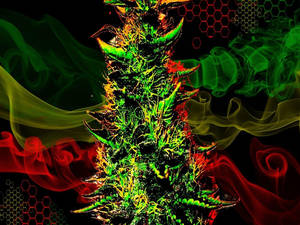 螢光綠色大麻植物被旋轉的紅色和綠色煙霧包圍，背景為黑色六邊形。 — 抽菸 壁紙