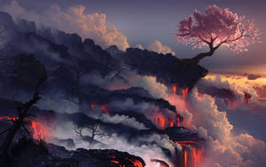 一株櫻花樹矗立在火山懸崖上，熔岩在暮色中穿過雲層流淌。 — 展望 壁紙