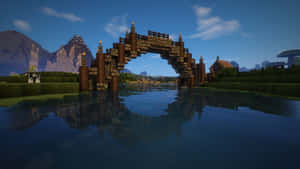 Minecraft中水上的木橋，背景有山脈和牛。 — 塔橋 壁紙