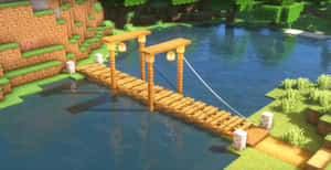 一座帶燈籠的木橋橫跨Minecraft風格方塊世界中的河流。 — 塔橋 壁紙