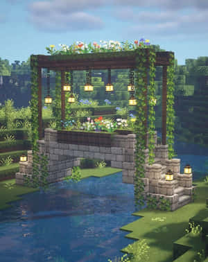 Minecraft花園中，河上有燈籠和花朵的石橋。 — 我的世界 壁紙