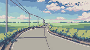 像素化道路蜿蜒穿過綠色田野，上方是藍天和白雲。 — 日式審美桌面 壁紙