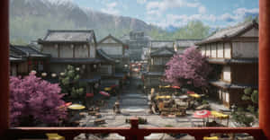 在藍天下，一條日本村莊街道的景色，有櫻花和傳統建築。 — 日式 壁紙