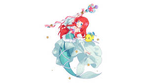 動漫美人魚，紅髮藍尾，手持魔法杖，伴有一條黃魚。 — 芭比美人魚 壁紙