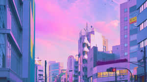 日落時分的動漫城市景觀，粉紅色和紫色的天空，發光的建築物。 — 唐人街 壁紙