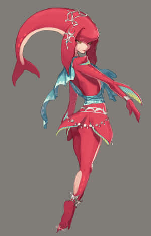 動漫美人魚，紅髮紅尾，身著華麗服裝，優雅地擺姿勢。 — Pixel Tablet 壁紙