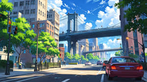 一輛紅色汽車停在大橋下陽光明媚的城市街道上，周圍有綠樹和高樓大廈。 — 城市 壁紙