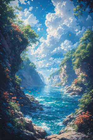 一條風景如畫的峽谷河流，藍色的水流淌在岩石峭壁之間，覆蓋著綠樹和橙色花朵，天空晴朗。 — 海洋 壁紙