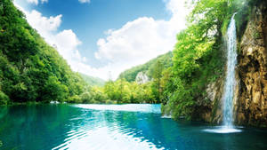 一條瀑布流入一個位於森林山谷中的清澈藍色湖泊，天空晴朗。 — 叢林 壁紙