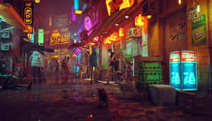 夜晚霓虹燈照亮 cyberpunk 小巷，濕漉漉的街道上有人和一隻貓。 — 城市 壁紙