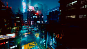 霓虹燈照亮的賽博龐克城市街道，夜晚有發光的標誌和雨水濕滑的瀝青路面。 — 城市燈光 壁紙