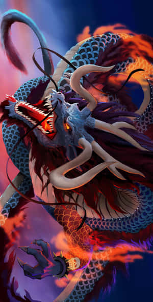 一條藍紅龍，眼睛發光，吐著火焰，動態地盤繞著。 — Pixel Fold 壁紙