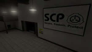 一條昏暗的走廊，牆上有SCP Foundation標誌。 — SCP 壁紙