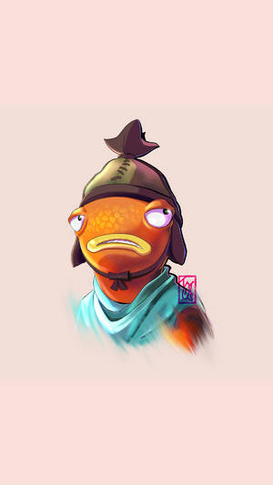 一條橙色魚穿著武士裝備，戴著青綠色圍巾，看起來很驚訝。 — 魚棒 Fortnite 壁紙