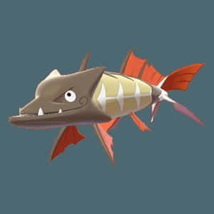 一條暴躁的卡通魚，帶橙色魚鰭和白色牙齒，在藍綠色水中游動。 — 電玩遊戲 GIF 壁紙