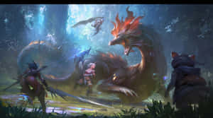 奇幻冒險者在神秘森林中與一條巨大的噴火龍戰鬥。 — 魔物獵人 壁紙