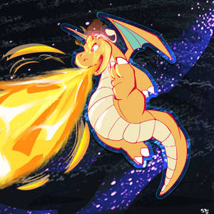 在星空太空場景中噴火的動漫龍。 — 快龍 壁紙