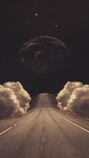 一條路穿過雲層通向繁星夜空中的巨大行星。 — 月光 壁紙