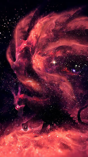 在充滿星星的鮮豔紅色和紫色星雲中的龍剪影。 — 高解析度龍 壁紙