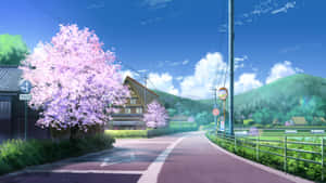 櫻花樹排列在寧靜的村莊小路旁，上方是藍天白雲。 — 日本動漫 壁紙