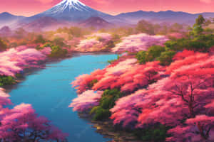 粉紅色的櫻花沿著藍色的河流排列，背景是富士山在日落時分。 — 日本櫻花 壁紙
