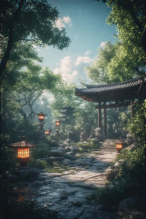 一條穿過森林的石徑通向一個木門，沿途有發光的燈籠。 — 簡約 壁紙