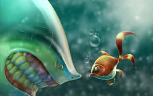 一條小橙色魚在水中遇到一條巨大半透明鯨魚，周圍有泡泡。 — 2880x1800 壁紙