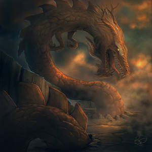 一條巨大的龍，眼睛發光，棲息在岩石峭壁上，背景是熾熱的日落。 — 高解析度龍 壁紙