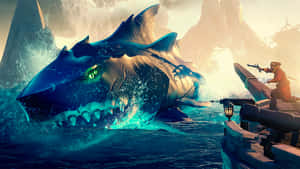 一條巨大的發光鯊魚攻擊一艘船，一名水手開槍射擊。 — 鯊魚 壁紙