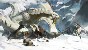身穿冬季裝備的獵人在白雪覆蓋的山地景觀中與一條巨大的白色巨龍戰鬥。 — 魔物獵人 壁紙