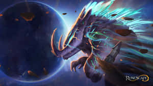 太空中一條發光的龍，背景有行星和碎片。 — 電玩遊戲 GIF 壁紙