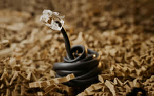 帶有透明插頭的黑色捲曲乙太網路電纜放在碎棕色紙上。 — 16:10 壁紙