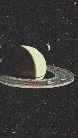 汽車在星光熠熠的宇宙中，在一條環繞帶有光環的行星的高速公路上行駛。 — 洛米安傳奇 壁紙