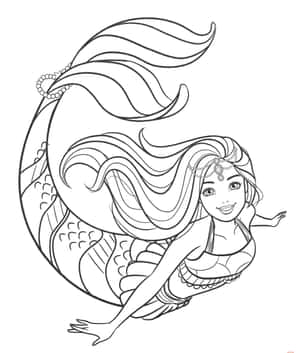 一條微笑的美人魚，長髮和帶圖案的尾巴，黑白線條藝術。 — Pixel Fold 壁紙