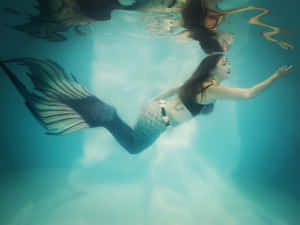 一位穿著美人魚尾巴的女性在陽光穿透水面的泳池中游泳。 — 美人魚 壁紙