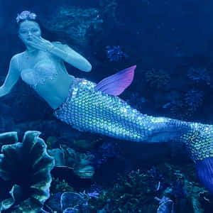 一條擁有閃爍尾巴的美人魚在水下珊瑚間游動。 — 美人魚 壁紙
