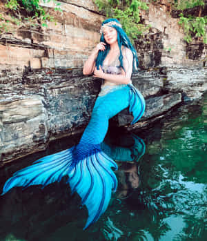 一個穿著藍色美人魚服裝的人坐在清澈海水旁的岩石上。 — Galaxy Z Fold 6 壁紙