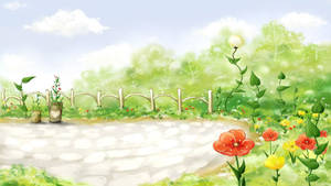 一條石徑穿過春天花園，有色彩繽紛的花朵和木柵欄。 — 花園 壁紙
