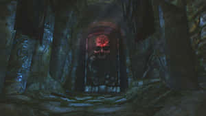 黑暗石頭地牢中的骷髏門發出紅光 — 電玩遊戲 GIF 壁紙