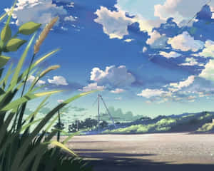 一條有草地和雲朵背景的道路