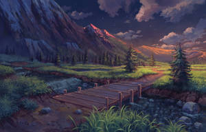 暮色中橫跨山間溪流的木橋，點綴著星星和雲彩。 — 山脈 壁紙